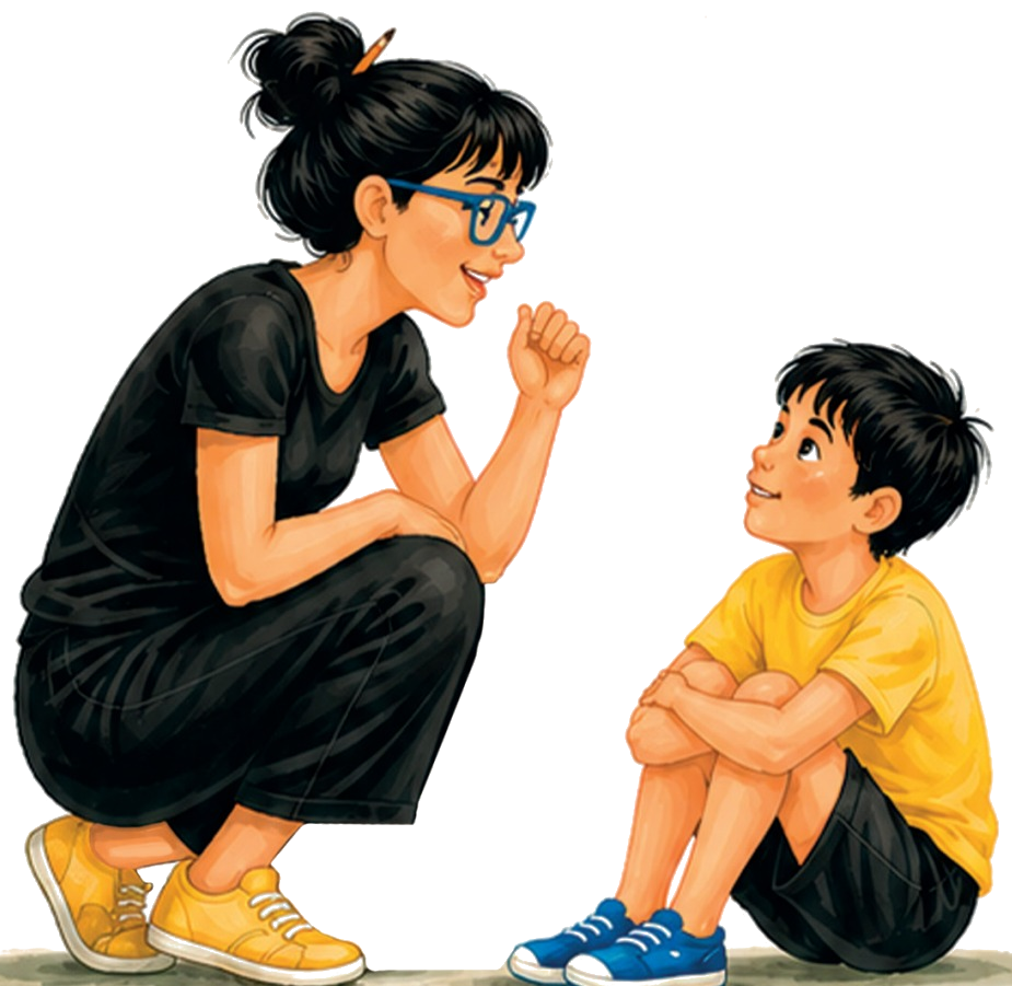 Ilustração da capa: a tia Carmen, agachada, conversa com Hugo, sentado no chão