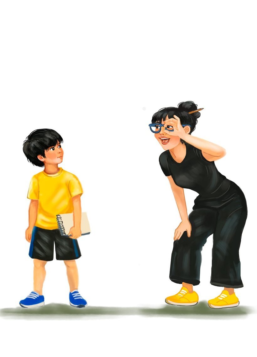 Ilustração: Hugo, com um caderno na mão, olha para a tia Carmen, que faz um círculo com os dedos diante do olho