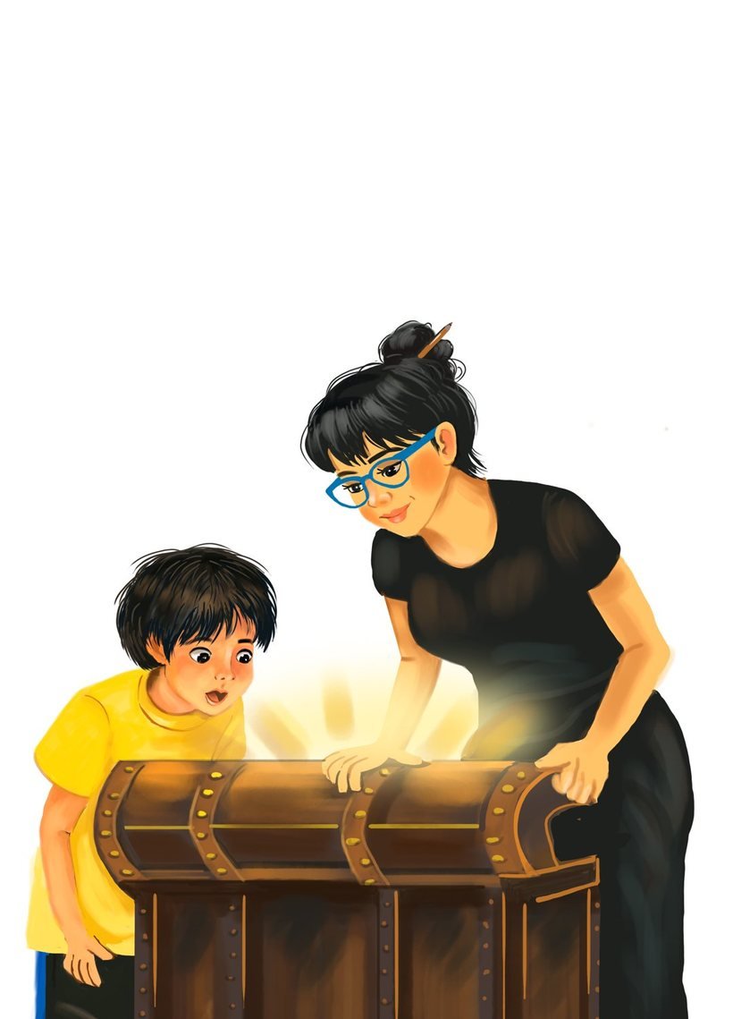 Ilustração: Hugo e a tia Carmen espiam um baú de tesouro que brilha