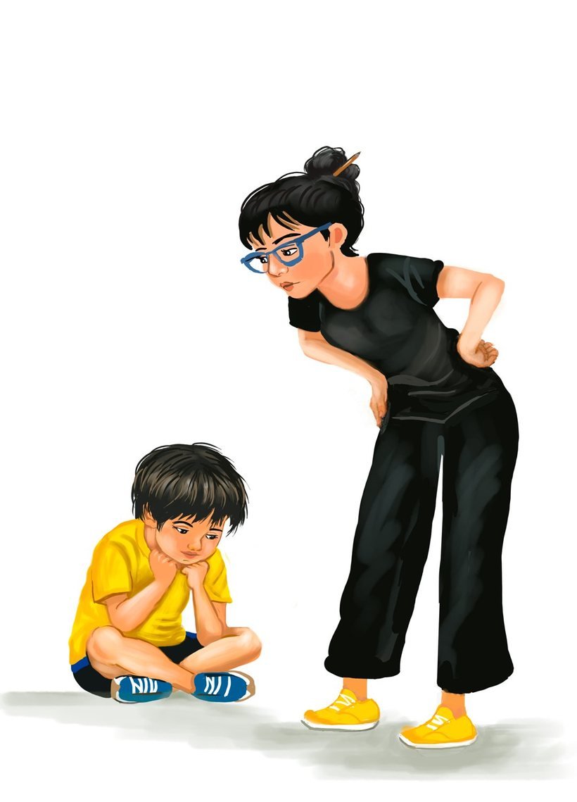 Ilustração: Hugo, sentado no chão com o queixo apoiado nas mãos, e a tia Carmen inclinada para falar com ele